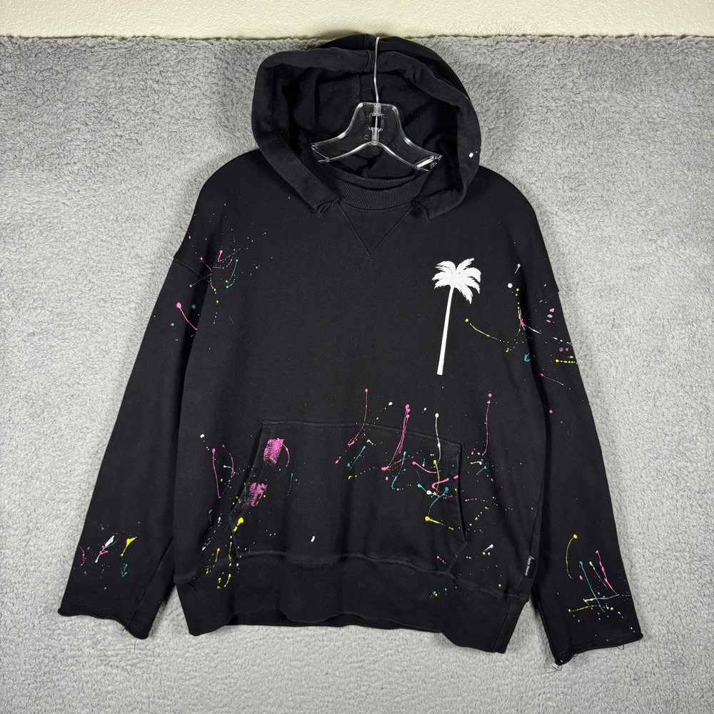 Palm Angels Paint Splatter Hoodie Black Palm Tree Graphic PMBD001E1946002 Mens M
